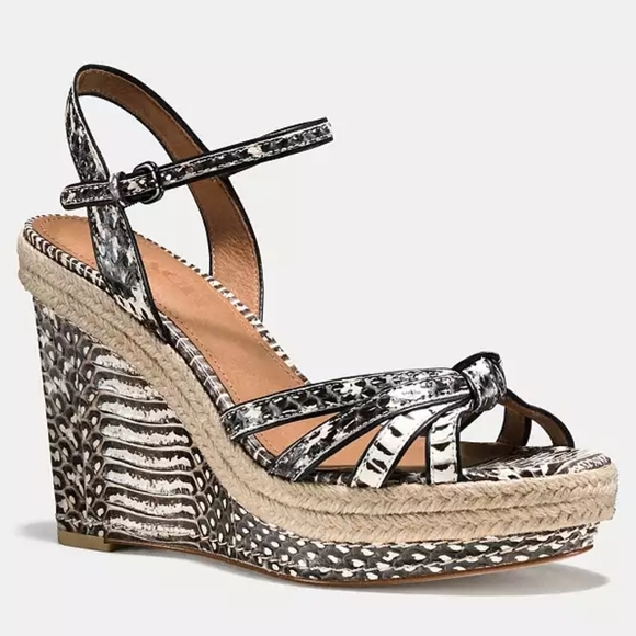 Coach Snakeskin Black and White Wedge Sandals - Picture 2 of 14